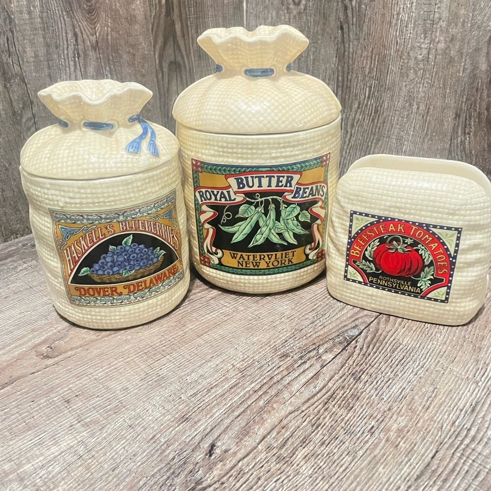 Rustic Cream Ceramic Canister Set with Vintage Labels - Picture 2 of 10